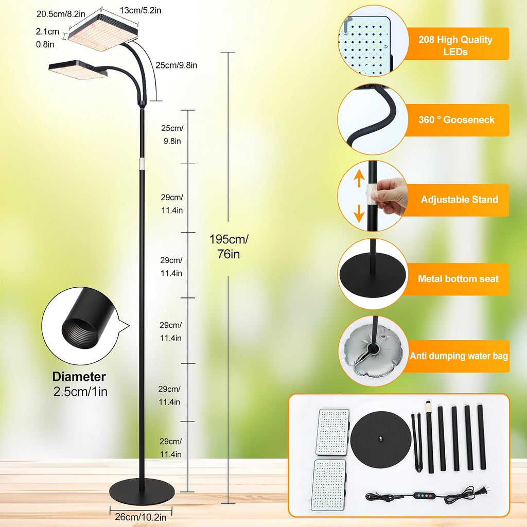 FECiDA 2026 2Head Floor Lamp Grow Light, Standing Grow Light with Stable Base for Tall and Big Houseplant, Bonsai Tree, Monstera, 4/8/12/16/20 Hr Timer, 50 Watt Power Draw, 40"-76" Height Adjustable