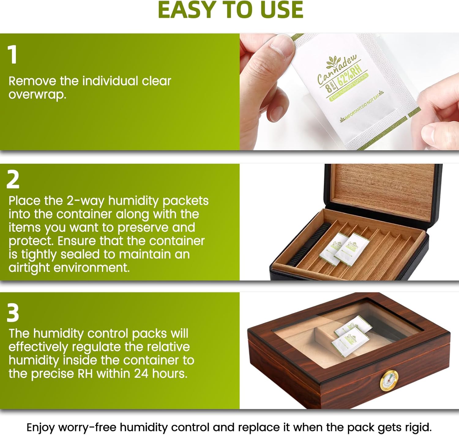 62% RH, 8g (15 Pack) Cannadew Humidity Packs Two-Way Humidity Control Pack - Moisture Absorbers & Hydration Packets for Curing and Storage