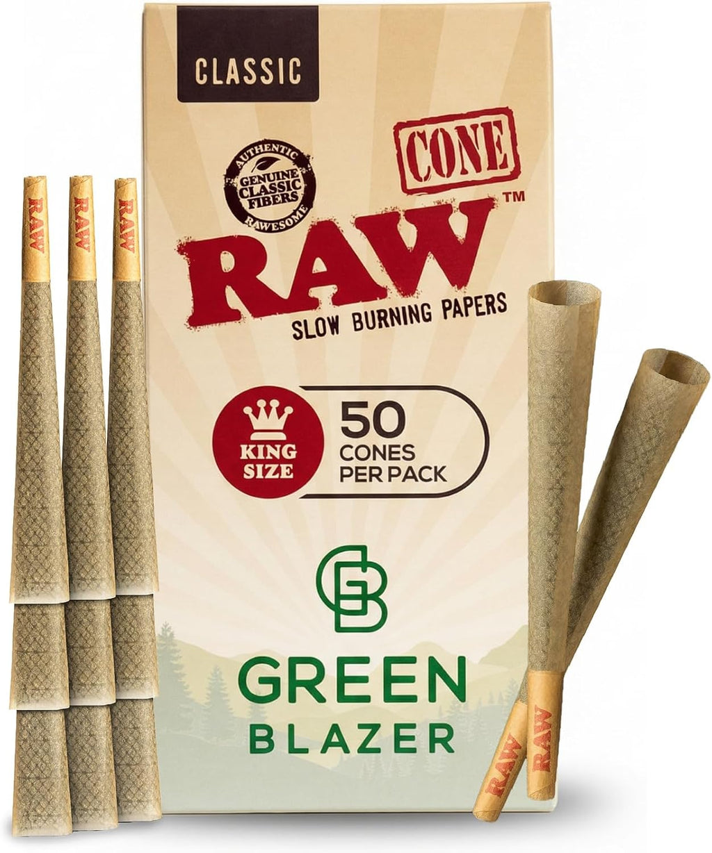 RAW Cones Classic King: 50 Pack, Pre Rolled Cones Rolling Papers, 109 mm | Food Grade Container, Green Blazer Preroll Loader, Patented Slow Burn, All Natural RAWthentic, Rolling Papers & With Tips