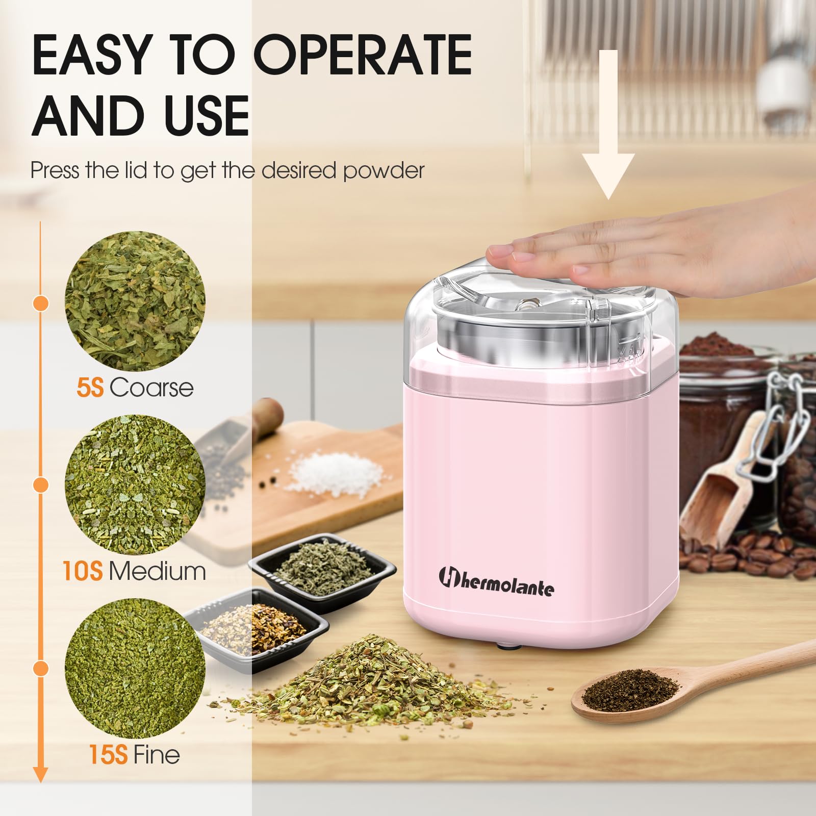Hermolante Herb Grinder Spice Grinder, 200 w Herb Grinder with Stainless Steel Blade and Cleaning Brush, Compact Size Electric Grinder for Herbs and Spices -5.11in (Black)