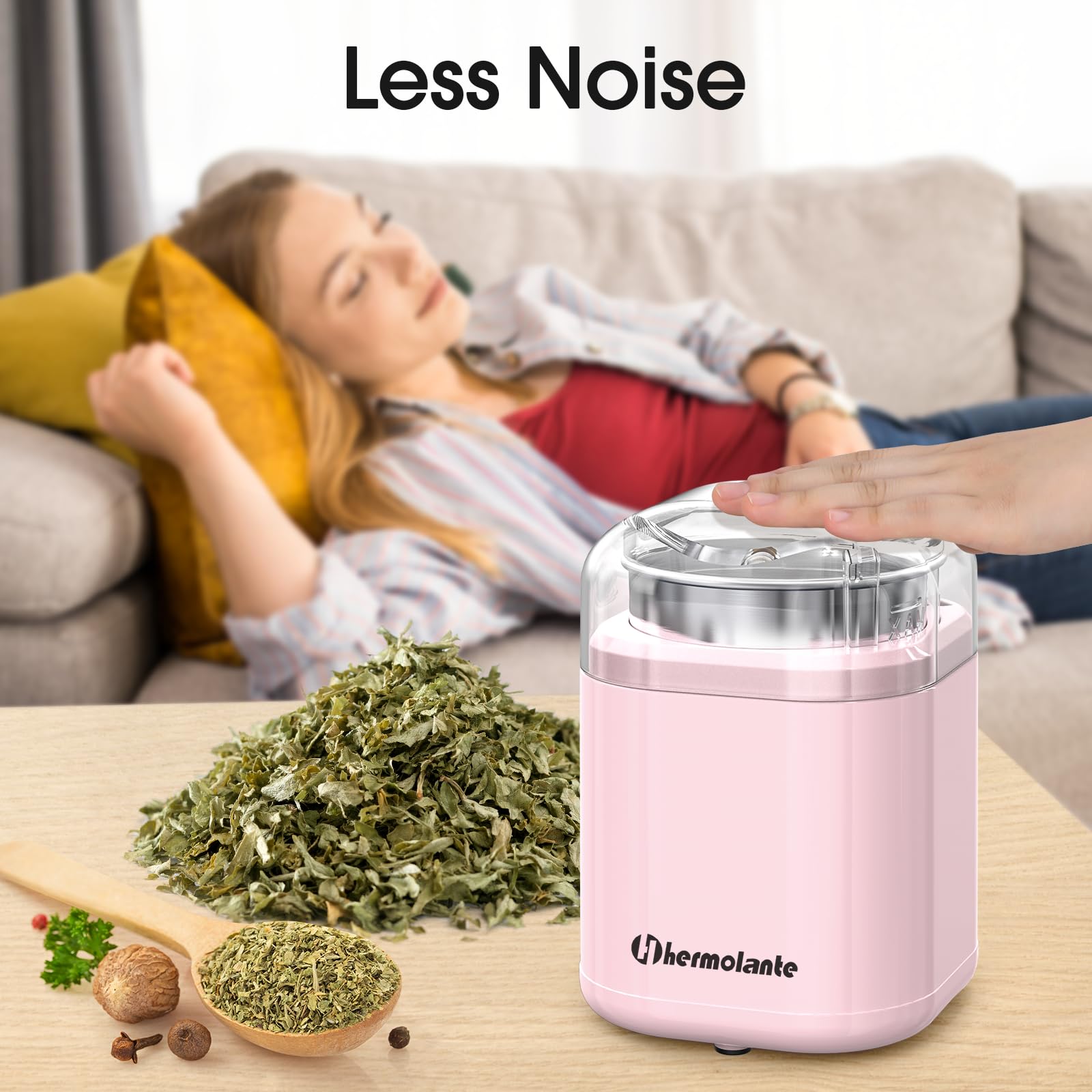 Hermolante Herb Grinder Spice Grinder, 200 w Herb Grinder with Stainless Steel Blade and Cleaning Brush, Compact Size Electric Grinder for Herbs and Spices -5.11in (Black)