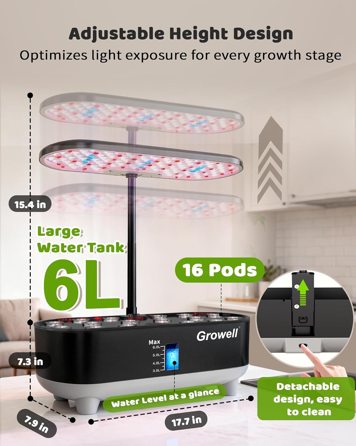 Growell 16 Pods Hydroponics Growing System Kit with 3 Light Modes & 2 Timer | Smart Water Circulation, LED Grow Light, 8L Large Water Tank, Coutertop, Indoor Herb Garden, Perfect Gardening Gifts, Black