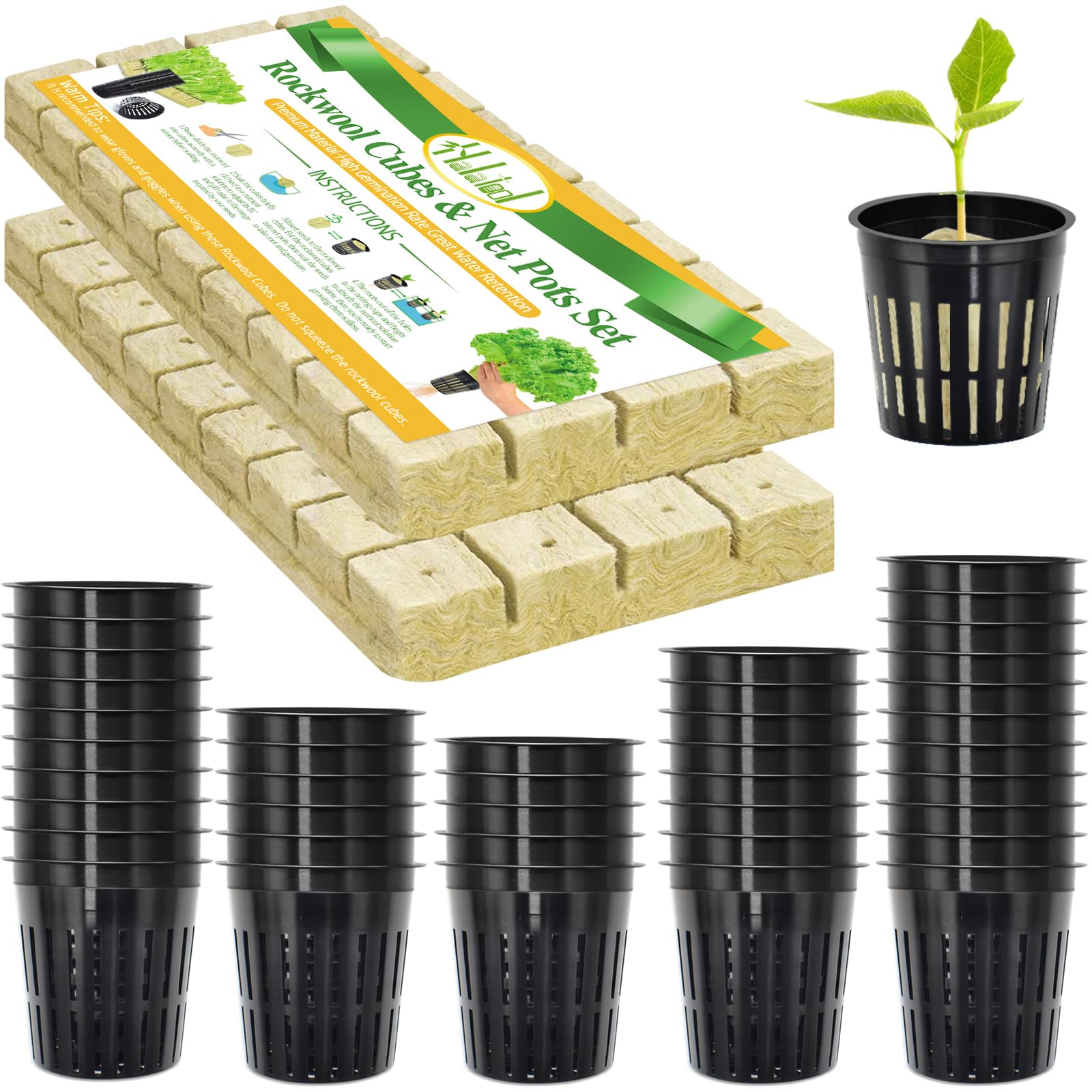 Halatool 144PCS 1.2" Rockwool Cubes & 120PCS 2" Net Cups for Hydroponics | Rockwool Garden Starter Plugs, Hydroponics Kit for Cuttings, Clone Plant, Propagation, Seed Starting & Soilless Cultivation