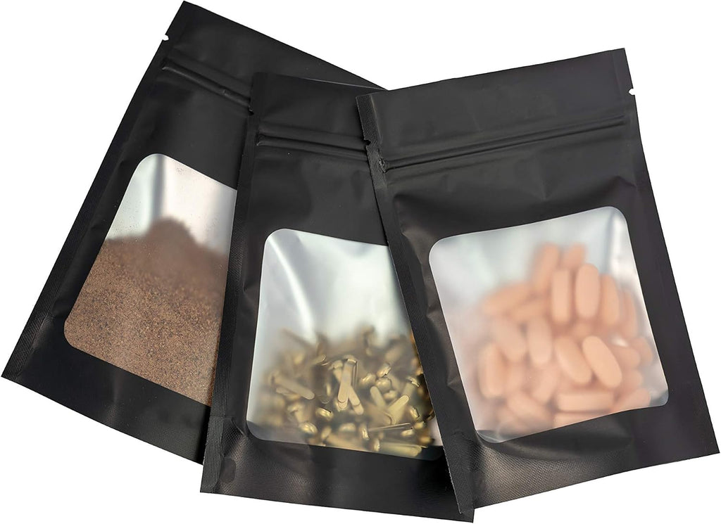 HANSER | Smell Proof Odorless Mylar Resealable Foil Pouch Bags with clear Window | Stand up bottom | Airtight | matte black | 100 Pieces | 4x6 inches