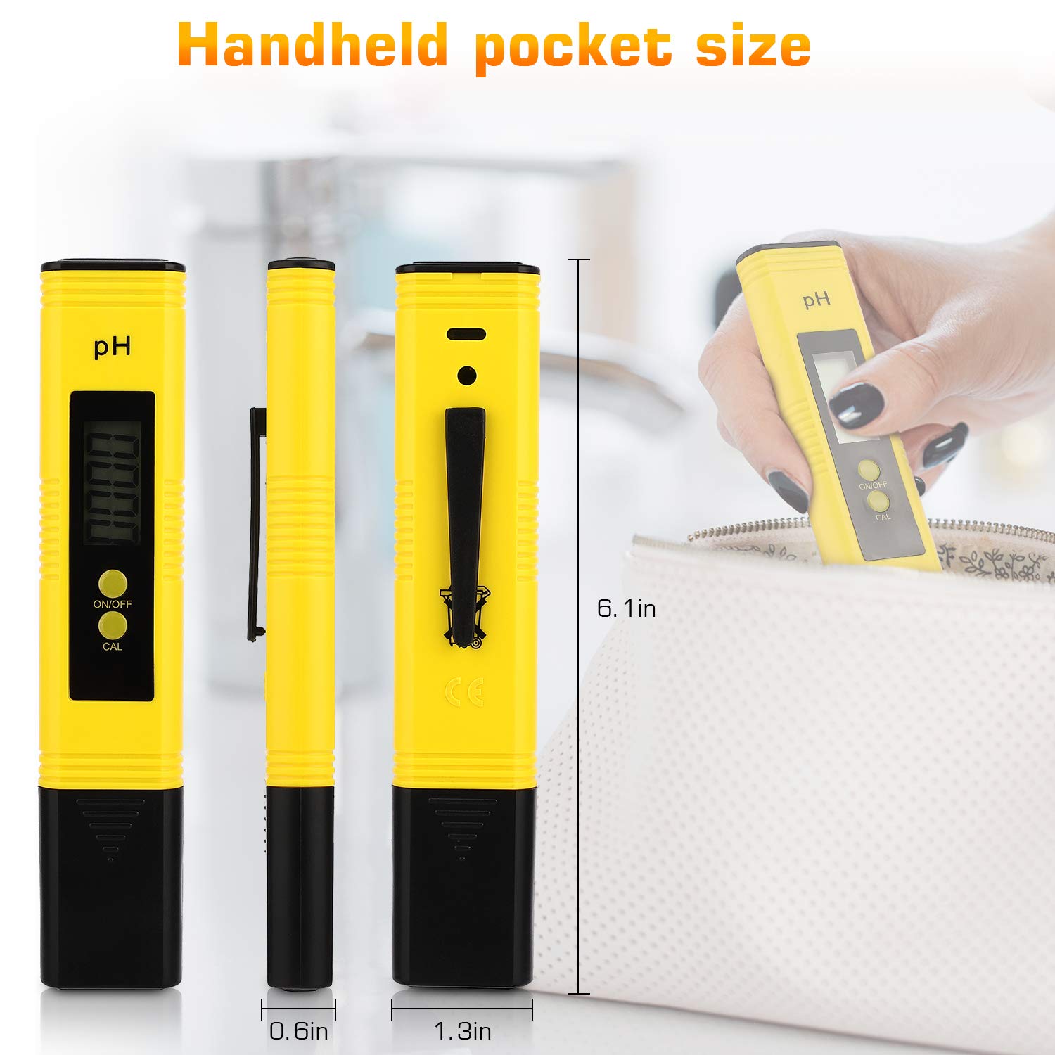Digital pH Meter Tester Pen for Water, Pre-Calibrated, High Accuracy ±0.01, 0–14 pH Range, Pocket Size for Drinking Water, Pool, Aquarium & Hydroponics (Yellow)