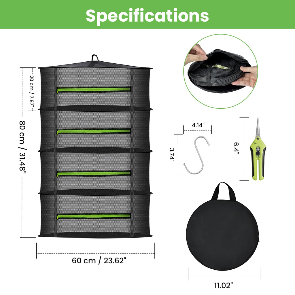 MEKOLIFE 6-Layer Herb Drying Rack with Collapsible Mesh Design | 23.62 Inch Hanging Drying Rack with Zipper and Garden Pruning Shears - Versatile Plant Drying Solution