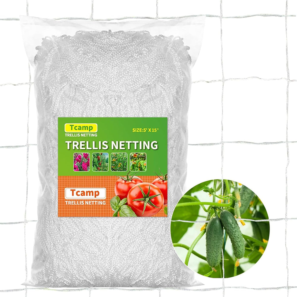 Tcamp Heavy-Duty Polyester Garden Trellis Netting, 5Ft x15Ft (1 Pack) | 3.5" Opening Mesh Plant Climbing Net for Growing Vines Plants Vegetables Fruits Flowers, White Grow Tent