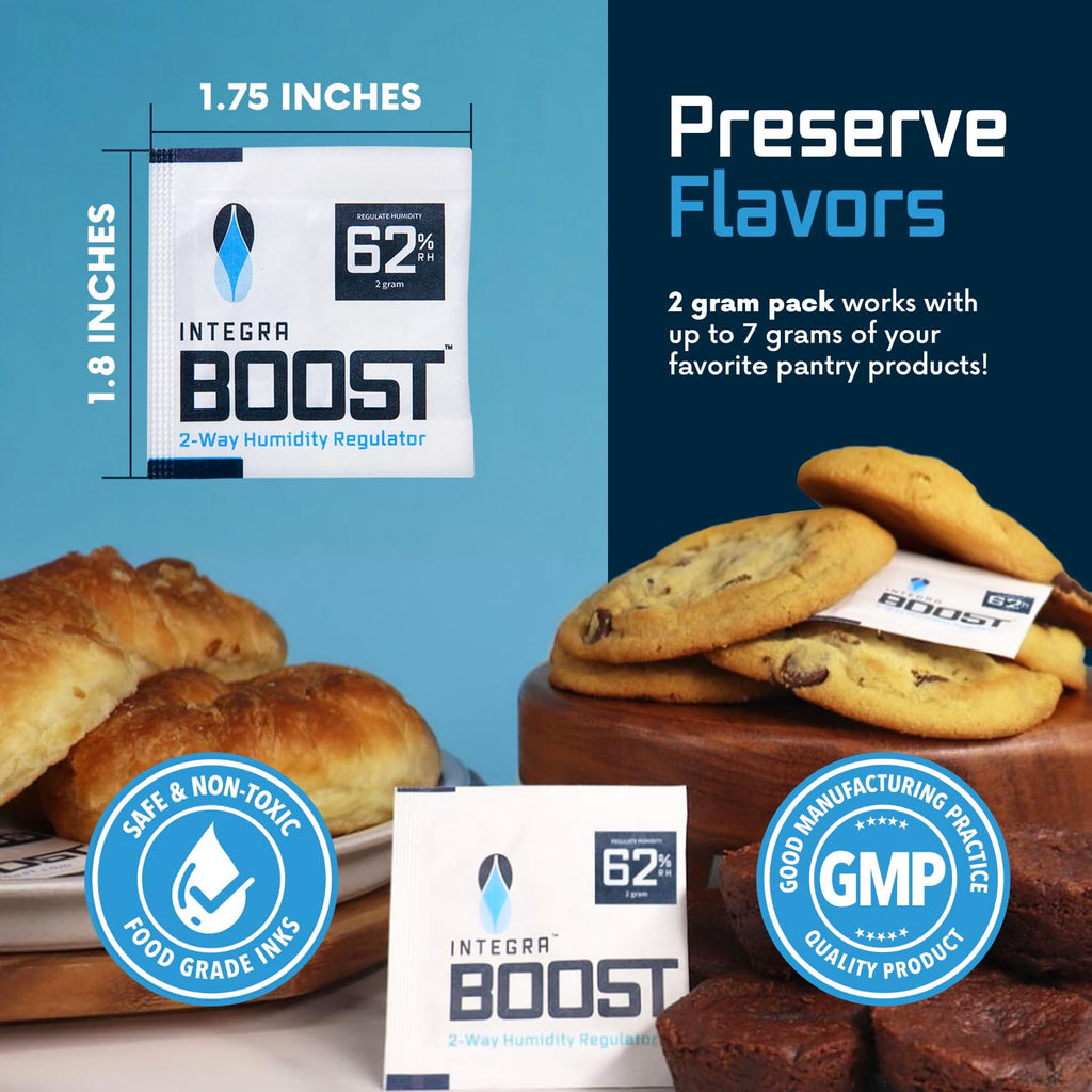 Integra Boost 62% RH 2-Way Humidity Control Pack, 2g, Pack of 6 | Two way Moisture Absorber for Herbs, Spices & Food Storage, Preserves Flavor, Includes Humidity Indicator Cards