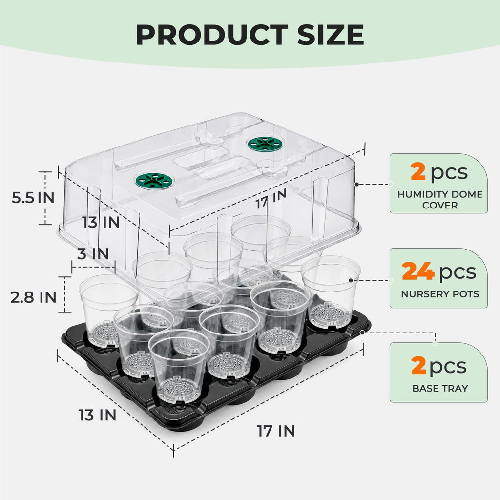 4 Pack 20 Cell Seed Starting Trays with 4 Vented Humidity Domes | Compatible with standard 3 inch nursery pots. Thick reusable trays have deep cells, raised bases and adjustable dome vents.