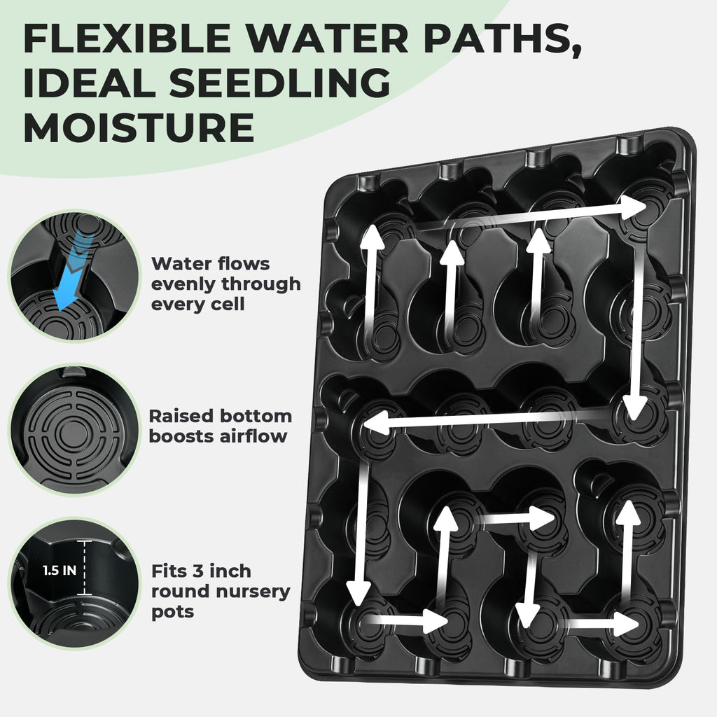 4 Pack 20 Cell Seed Starting Trays with 4 Vented Humidity Domes | Compatible with standard 3 inch nursery pots. Thick reusable trays have deep cells, raised bases and adjustable dome vents.