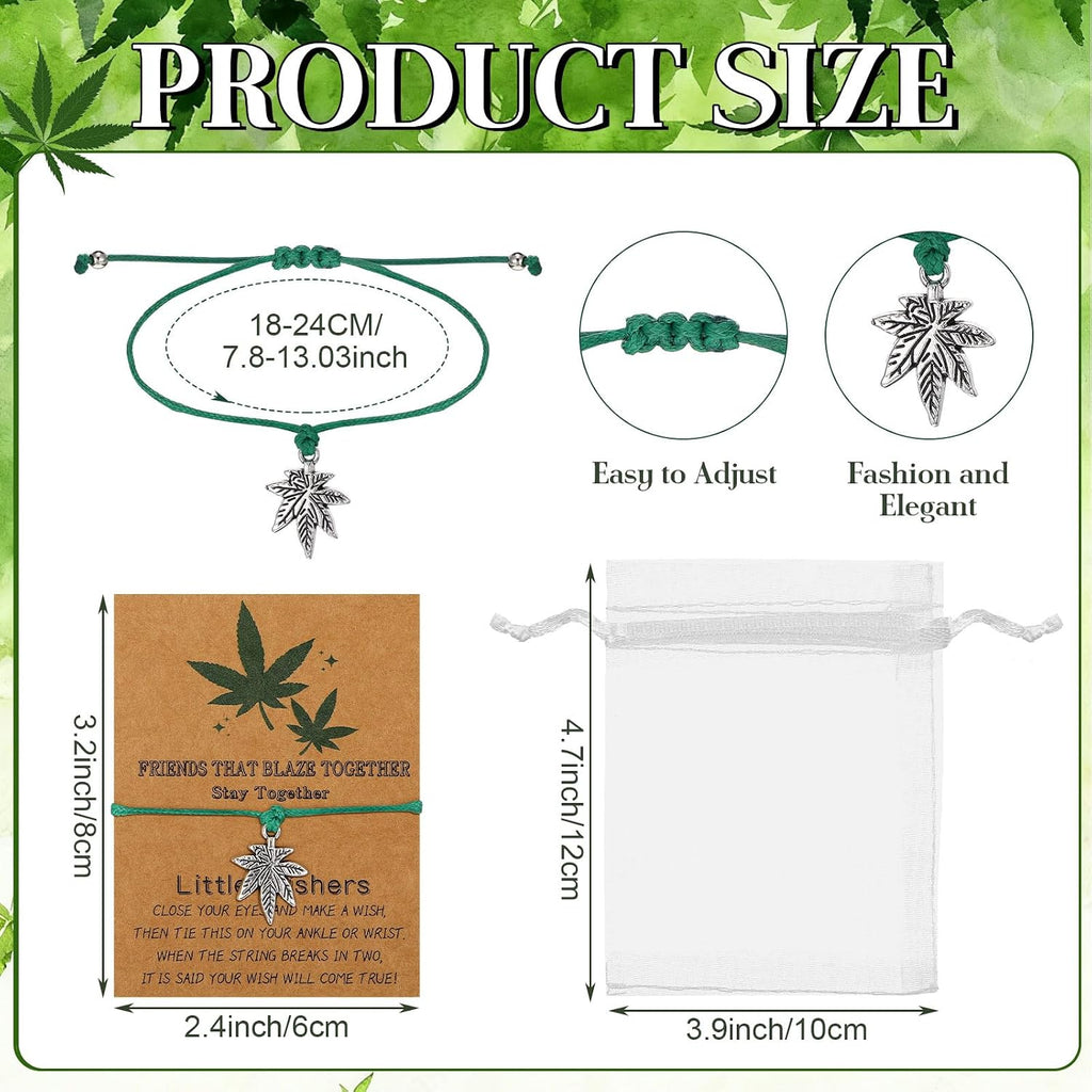 Equsion 12 Sets 420 Weed Gift Weed Bracelets with 12 Card 12 Organza Bags Leaf Pendant Bracelets 420 Party Favors for Women Men Jamaica Favors for Adults Party Accessories