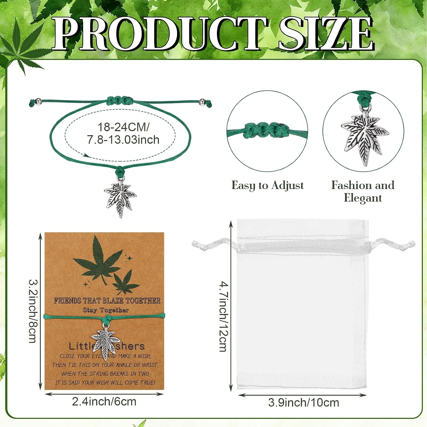 Equsion 12 Sets 420 Weed Gift Weed Bracelets with 12 Card 12 Organza Bags Leaf Pendant Bracelets 420 Party Favors for Women Men Jamaica Favors for Adults Party Accessories