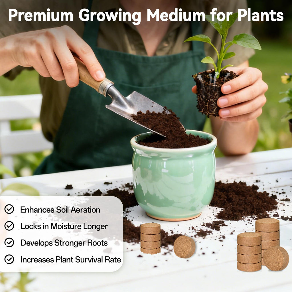 100 Pack 30mm Organic Coco Coir Pellets Seed Starter Soil | Low EC, pH Balance, Potting Soil Mix, Indoor Outdoor Plants, Herbs Houseplants Bonsai Vegetables Flowers