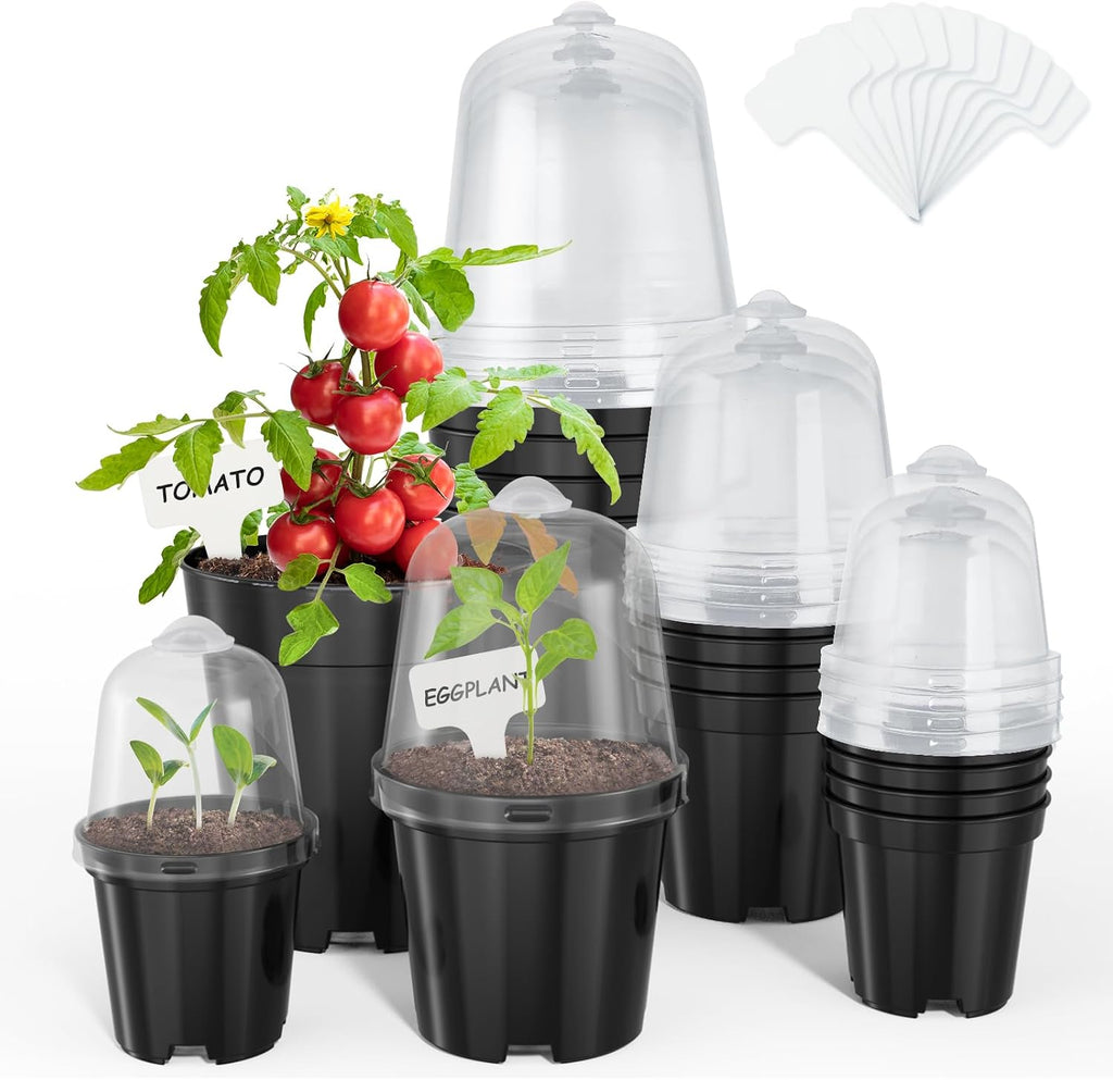 3/4/5 Inch Black Plastic Nursery Pots with Humidity Domes (15 Pcs) | Drainage holes and raised bases improve airflow, while plant labels identify cuttings, seedlings, herbs and young succulents.
