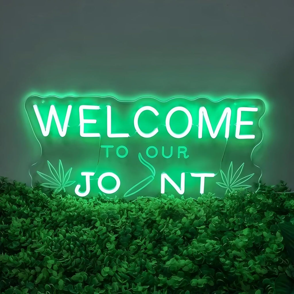 Welcome To Our Joint Neon Sign Marijuana Neon Light for Home Decor Cannabis Decor Marijuana Hemp Leaf Sign for Shop Open Smoker Gifts