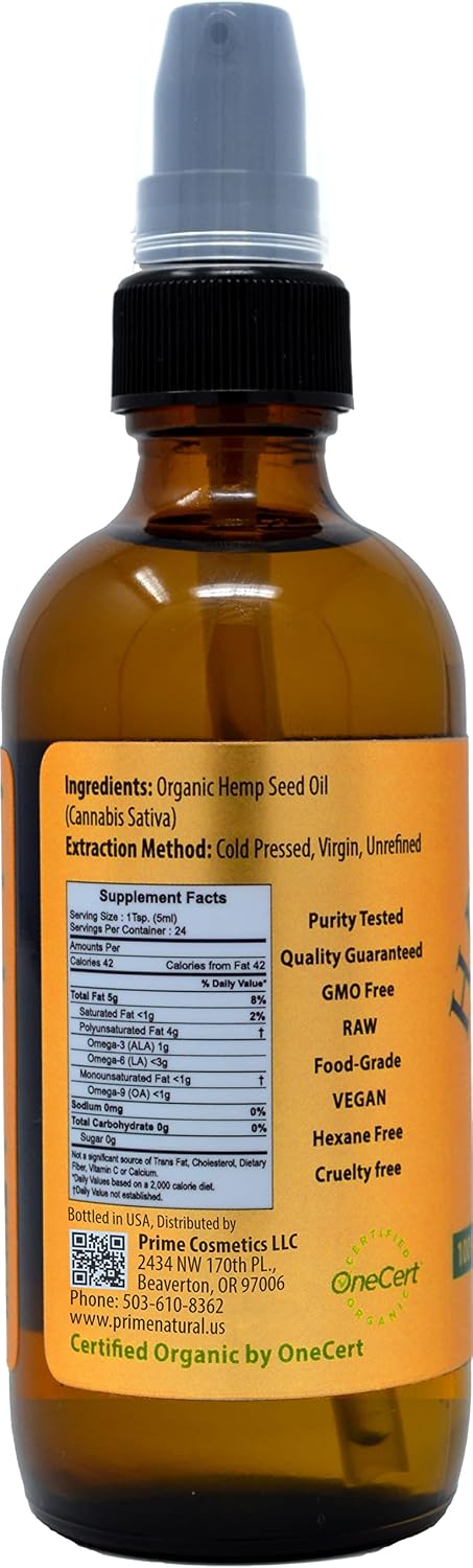 Prime Natural Organic Hemp Seed Oil 4oz - USDA Certified - Sativa Oil - Pure, Cold Pressed, Virgin, Unrefined, Vegan, Food Grade - High Omega 3 6 9 Fatty Acids - Good for Face, Body, Skin & Hair Care