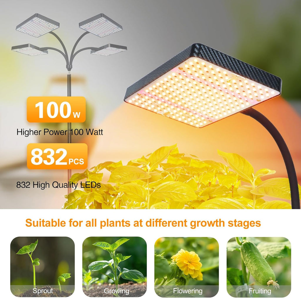 FECiDA Upgraded Stand Grow Lights for Tall House Plants, Indoor Bonsai Tree | 5-Mode 4/8/12/16/20 Hr Timer, 100 Watt Power Draw, 4x Brightness, New Stable Stand, 24"-76" Height Adjustable