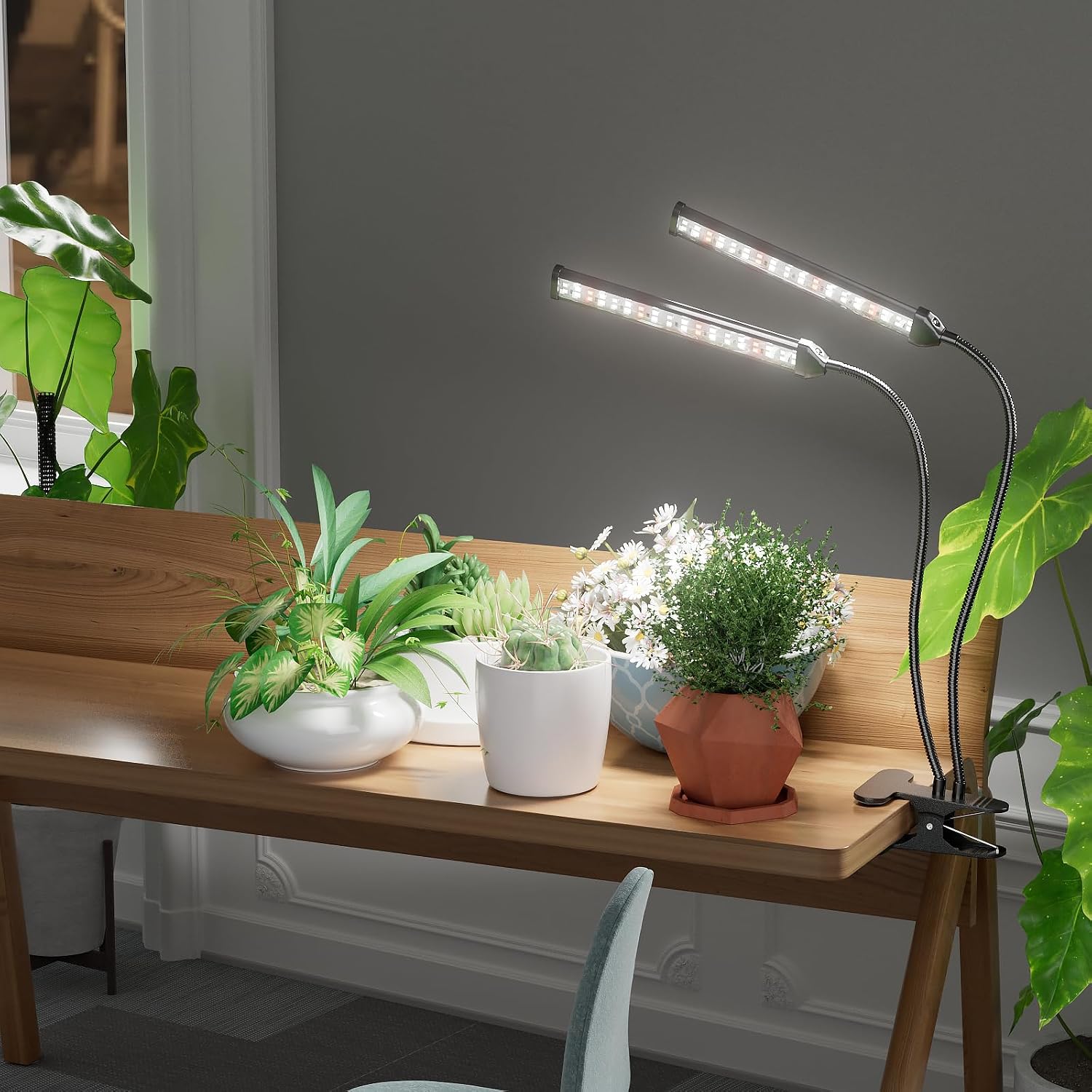 Grow Light,24W (160Watts Equiv) 5000K White Full Spectrum LED Growing Lamp Clip on Desk for Indoor Plants,Bulbs Replaceable & Non-dimmable (Black, 80Watts)