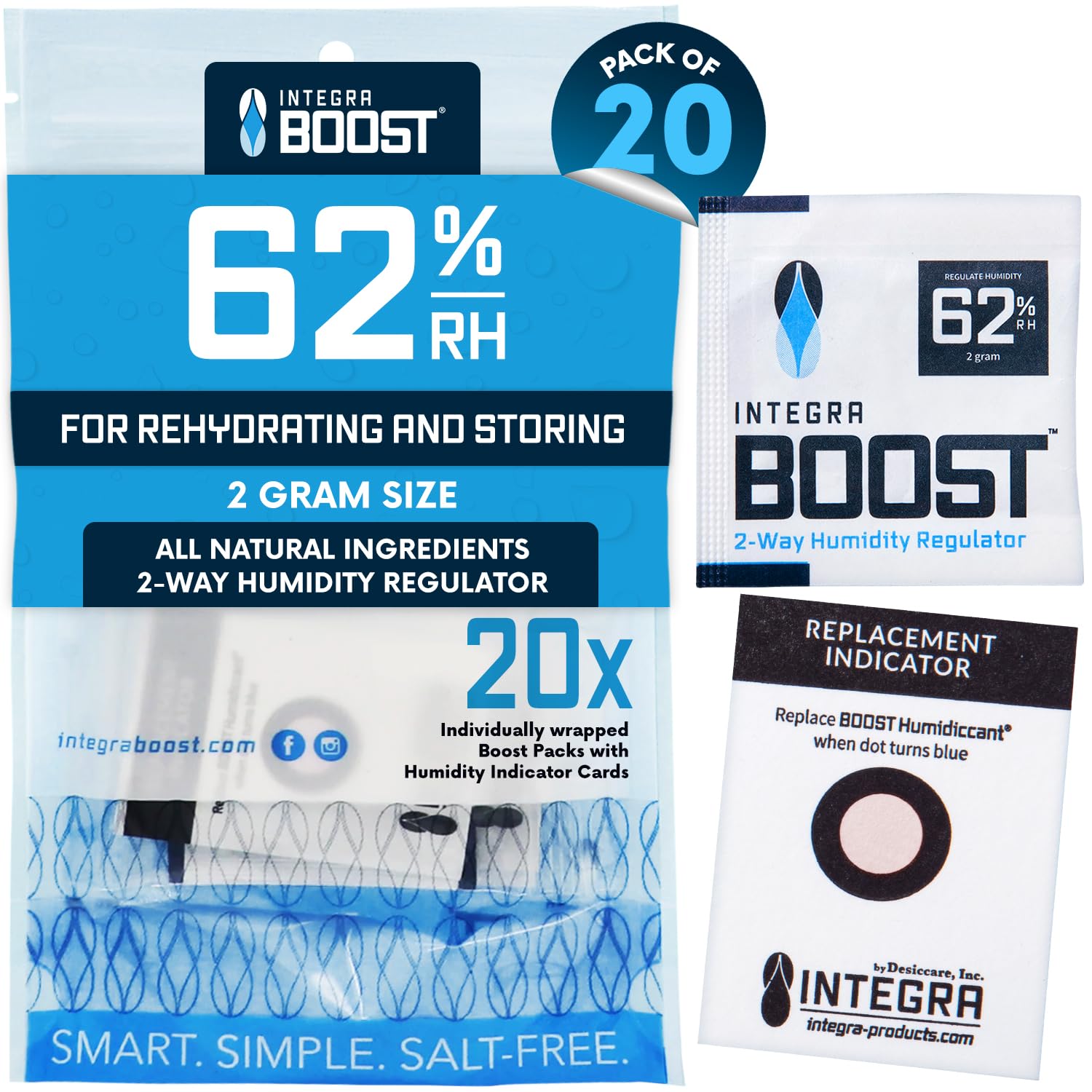 Integra Boost 62% RH 2-Way Humidity Control Pack, 2g, Pack of 6 | Two way Moisture Absorber for Herbs, Spices & Food Storage, Preserves Flavor, Includes Humidity Indicator Cards
