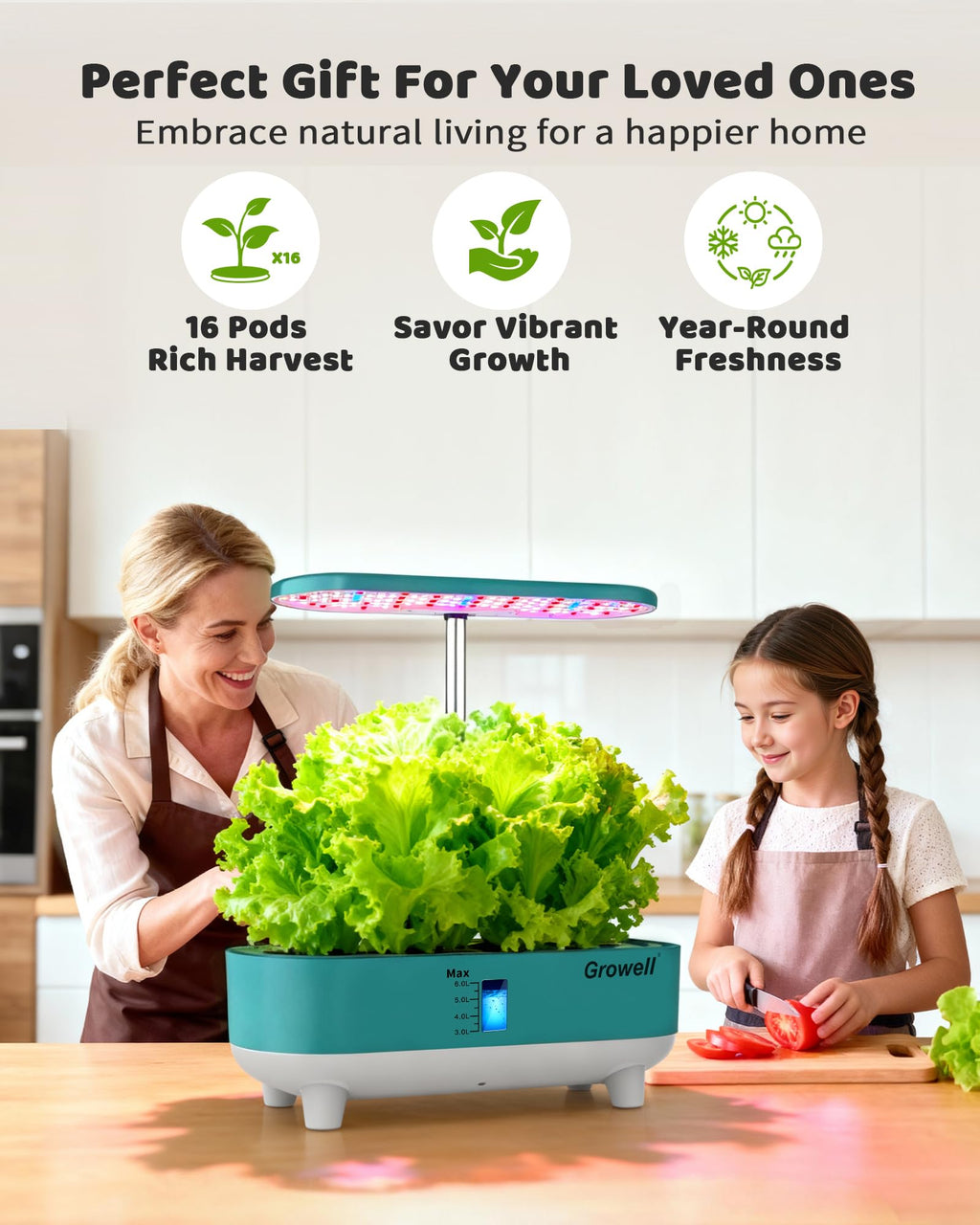 Growell 16 Pods Hydroponics Growing System Kit with 3 Light Modes & 2 Timer | Smart Water Circulation, LED Grow Light, 8L Large Water Tank, Coutertop, Indoor Herb Garden, Perfect Gardening Gifts, Black
