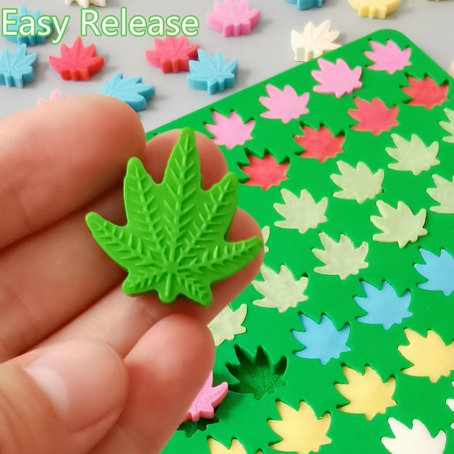 Leaf Silicone Molds For Chocolate Gummy Candy, Leaf Wax Melts Molds with Scraper (70 Cavities, Green)