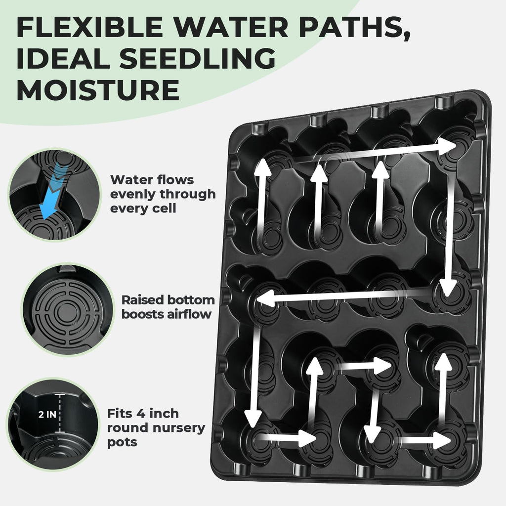 4 Pack 20 Cell Seed Starting Trays with 4 Vented Humidity Domes | Compatible with standard 3 inch nursery pots. Thick reusable trays have deep cells, raised bases and adjustable dome vents.
