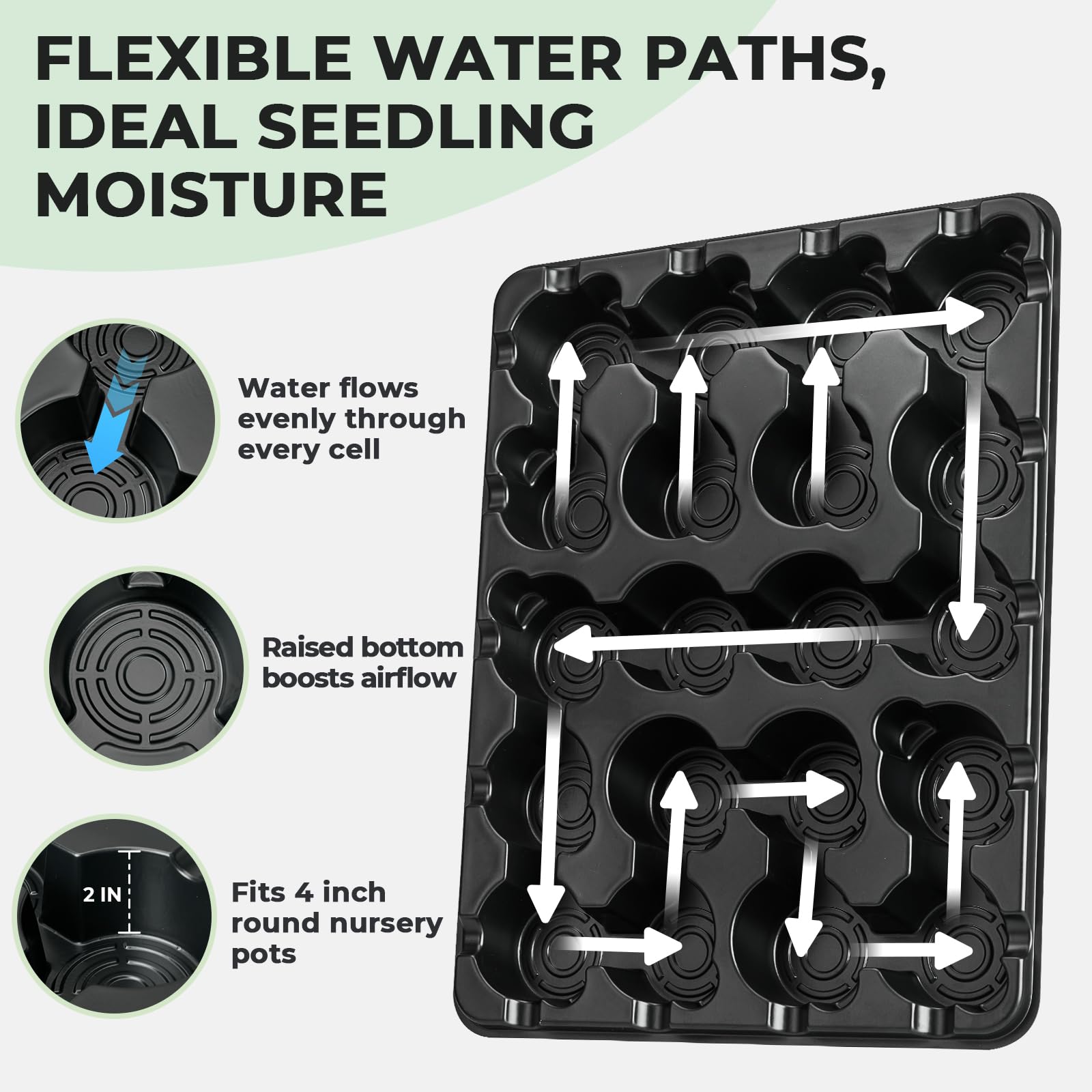 4 Pack 20 Cell Seed Starting Trays with 4 Vented Humidity Domes | Compatible with standard 3 inch nursery pots. Thick reusable trays have deep cells, raised bases and adjustable dome vents.