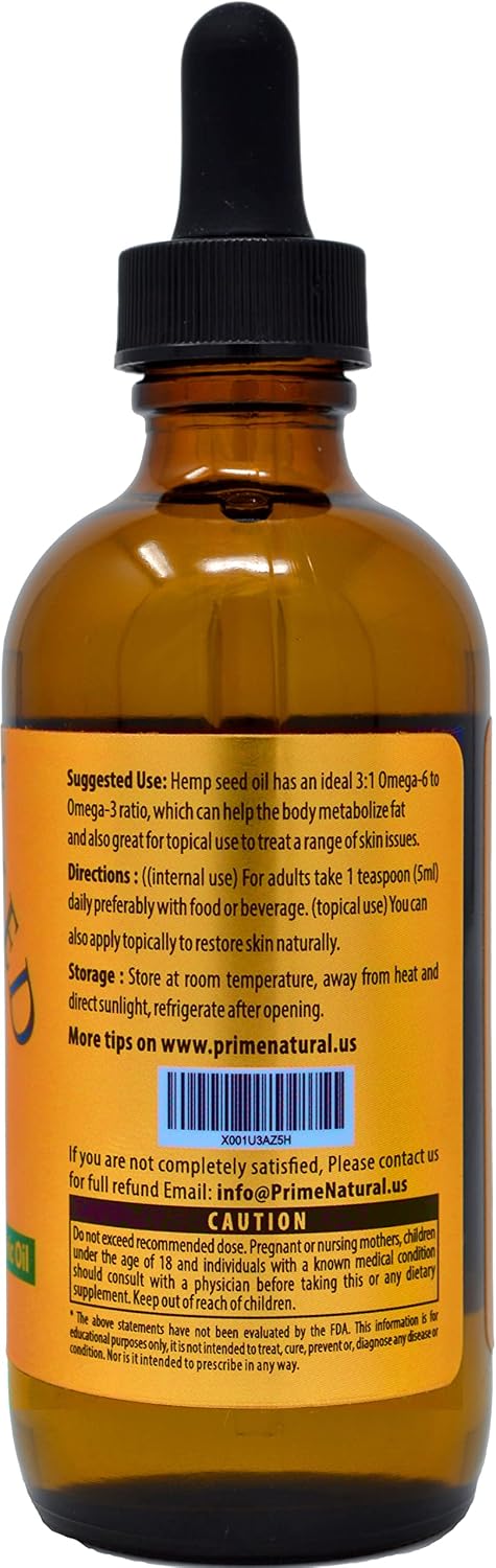 Prime Natural Organic Hemp Seed Oil 4oz - USDA Certified - Sativa Oil - Pure, Cold Pressed, Virgin, Unrefined, Vegan, Food Grade - High Omega 3 6 9 Fatty Acids - Good for Face, Body, Skin & Hair Care