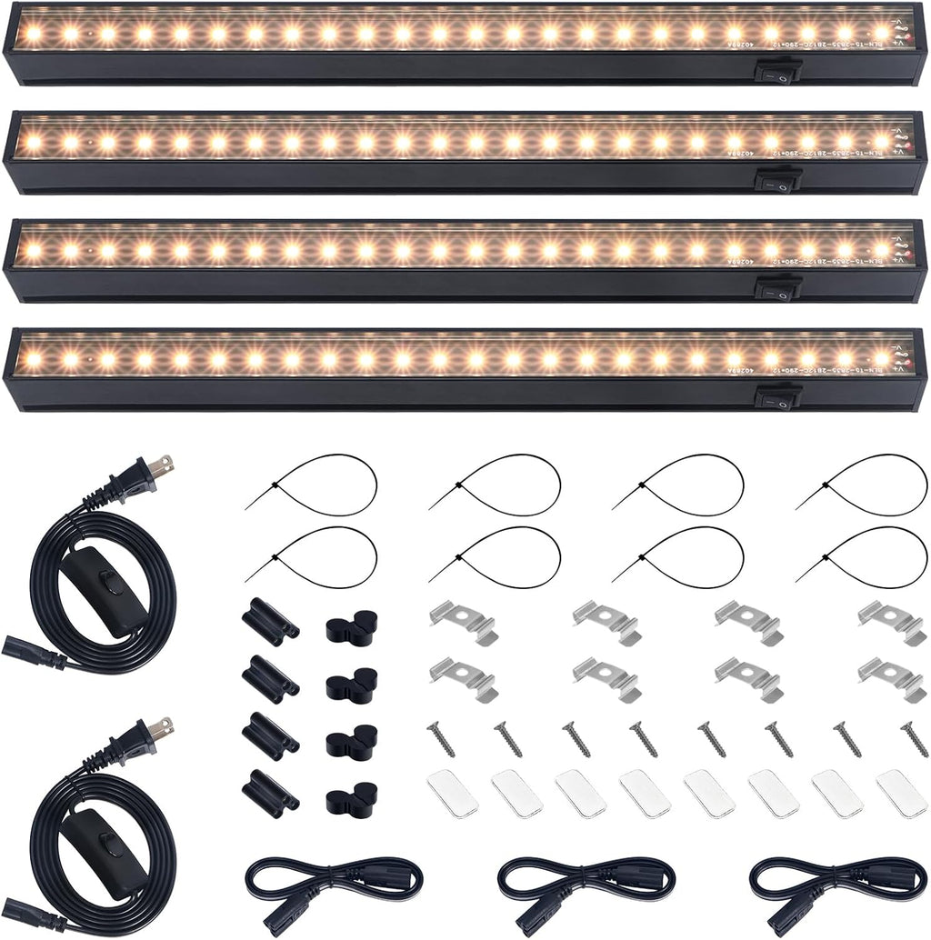 Barrina Grow Lights for Indoor Plant, T5 1FT Full Spectrum, Yellow, 4 Packs | Black Cover LED Grow Light Strips, Linkable, Plant Light for Indoor Plants Growing, 3 Mounting Modes, Separate On/Off