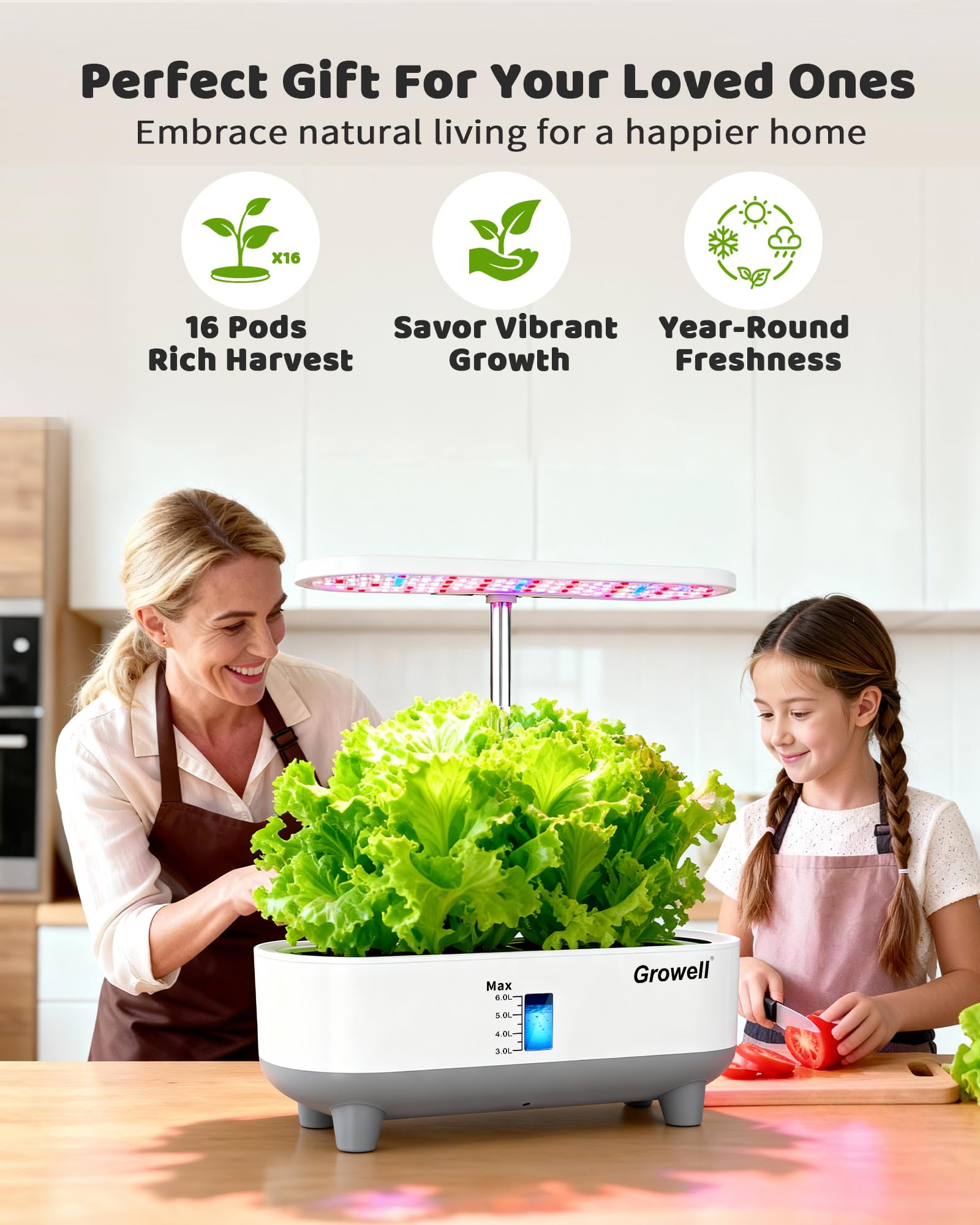 Growell 16 Pods Hydroponics Growing System Kit with 3 Light Modes & 2 Timer | Smart Water Circulation, LED Grow Light, 8L Large Water Tank, Coutertop, Indoor Herb Garden, Perfect Gardening Gifts, Black