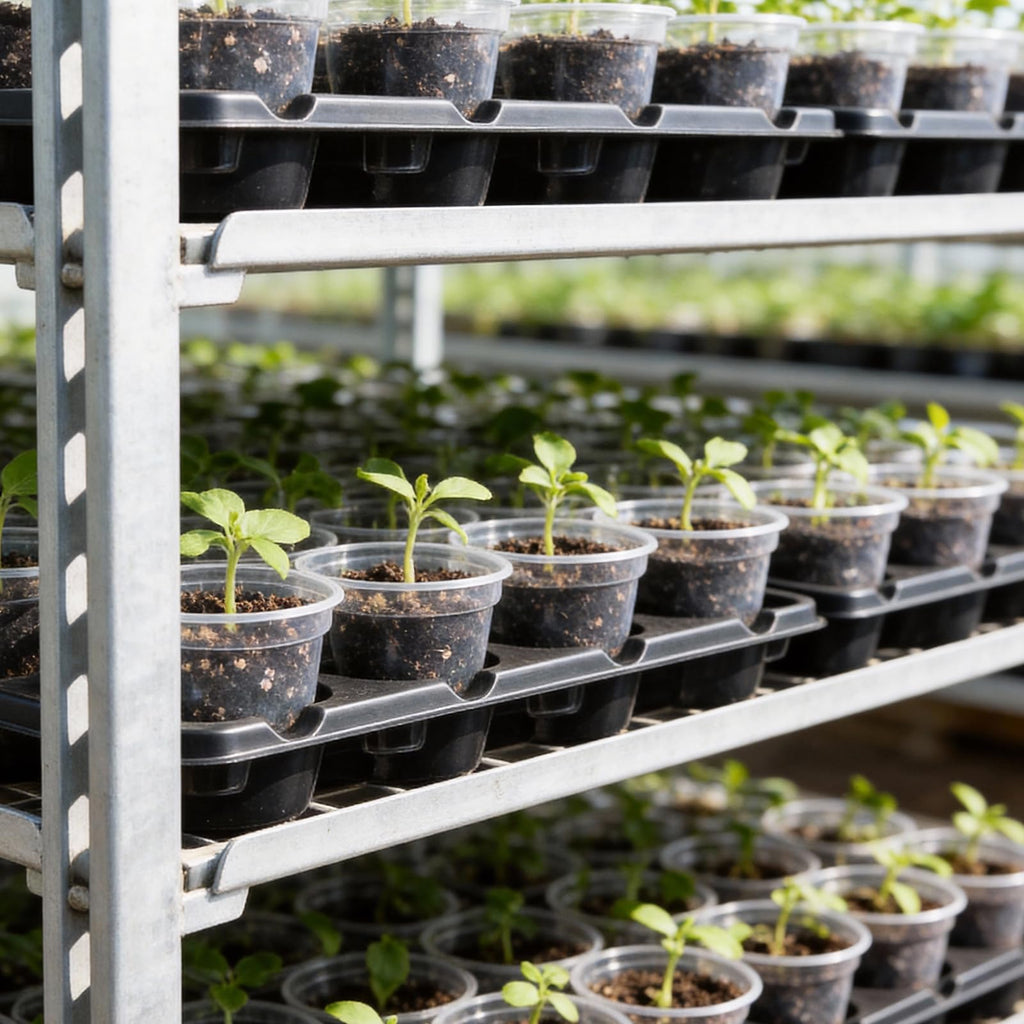 4 Pack 20 Cell Seed Starting Trays with 4 Vented Humidity Domes | Compatible with standard 3 inch nursery pots. Thick reusable trays have deep cells, raised bases and adjustable dome vents.