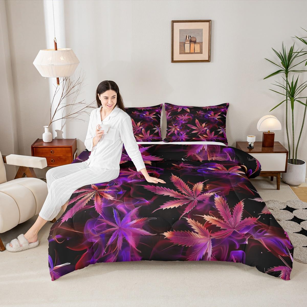 Cannabis Leaf Comforter Set Queen Size 3 Pcs,Marijuana Leaf Weed Psychedelic Bedding Set,Neon Green Leaves Botanical Trippy Quilt Set for Young Adults,2 Pillowcases