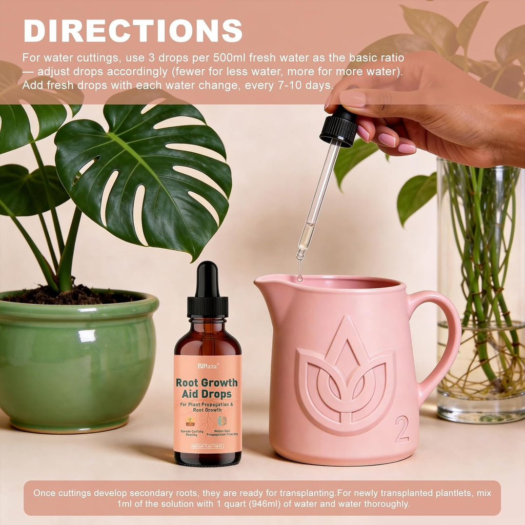 Root Drops - Liquid Rooting Hormone for Cuttings- Fast Growth Propagation Drops | Less Shock in Water/Soil/LECA/Moss | Fits Pothos, Monstera, Philodendron & All Houseplants (4 oz) (1)