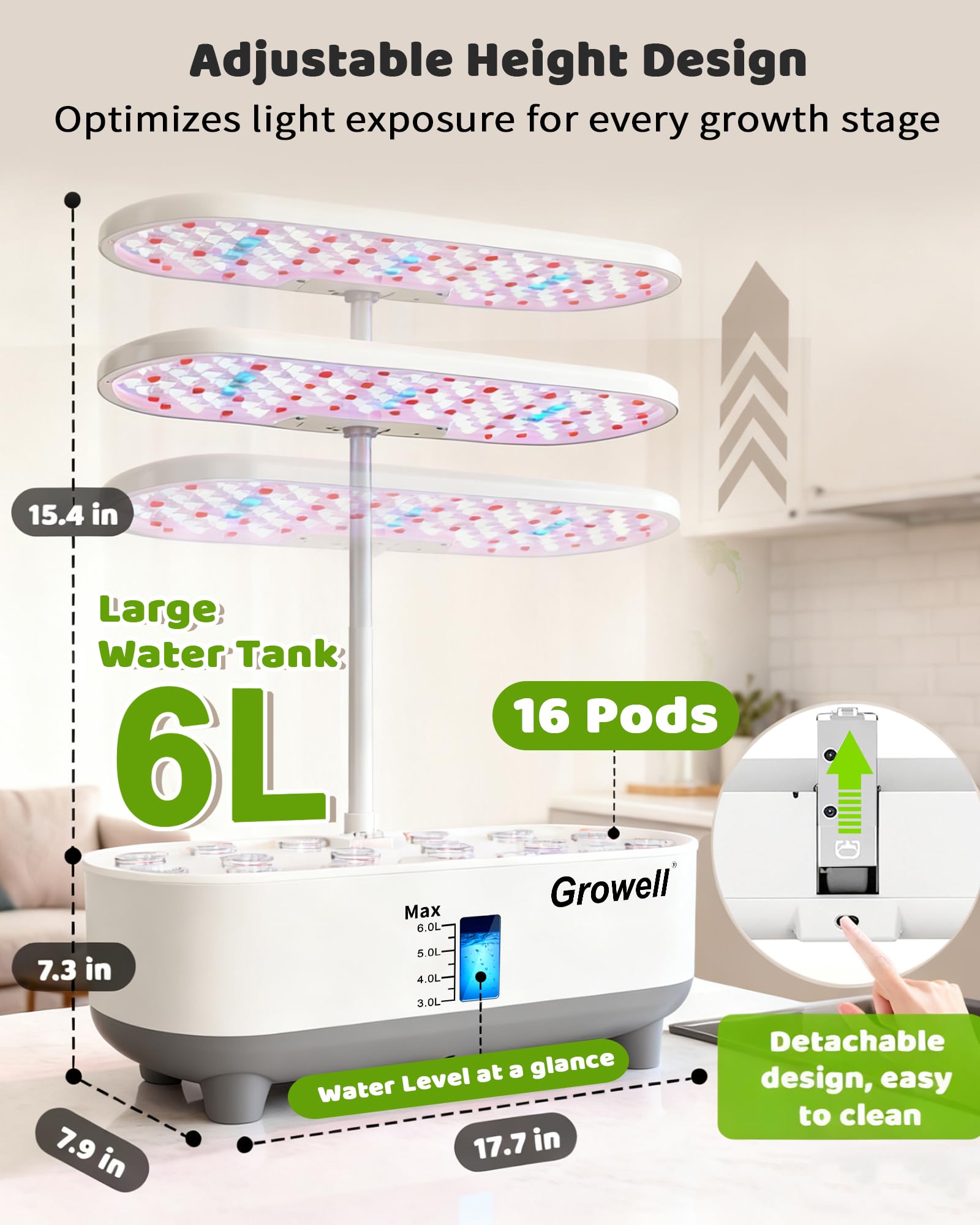 Growell 16 Pods Hydroponics Growing System Kit with 3 Light Modes & 2 Timer | Smart Water Circulation, LED Grow Light, 8L Large Water Tank, Coutertop, Indoor Herb Garden, Perfect Gardening Gifts, Black