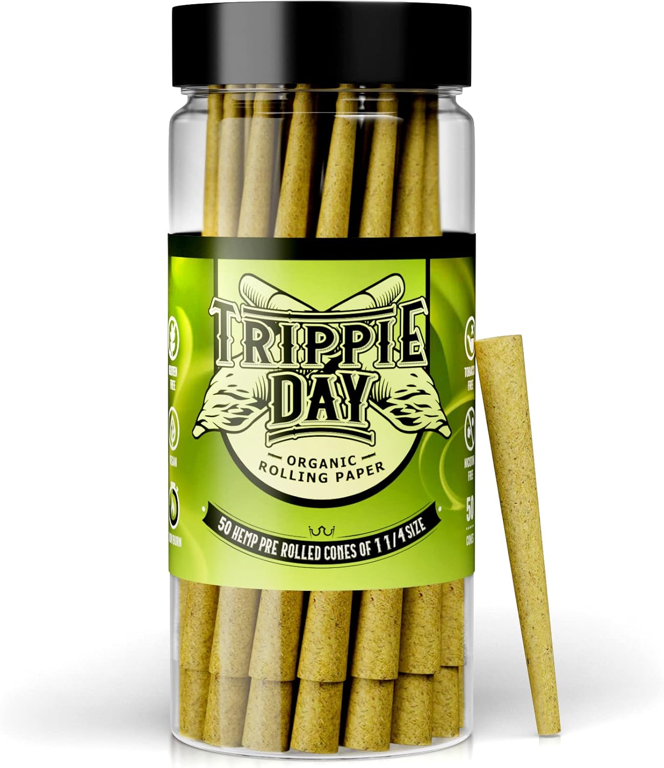 Trippie Day 50 Pre rolled Pressed Hemp Cones | Includes Packing Sticks | 1 1/4 size (84mm)