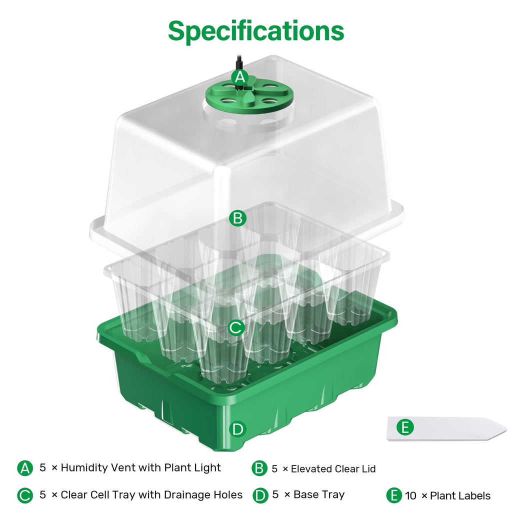 Seed Starter Trays with 12-LED Grow Lights, Clear, 5 Pack | 5 clear-base seedling kits, 60 cells, 12-LED grow light per tray, vented humidity domes, drainage holes, 1-to-5 USB cable