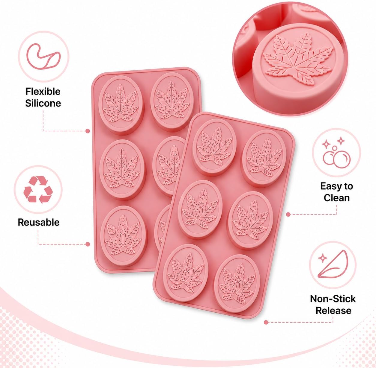 Marijuana Leaf Shaped Embossed Design Silicone Oval Soap Mold Tray Homemade Soap DIY Tray Mould, Set of Two