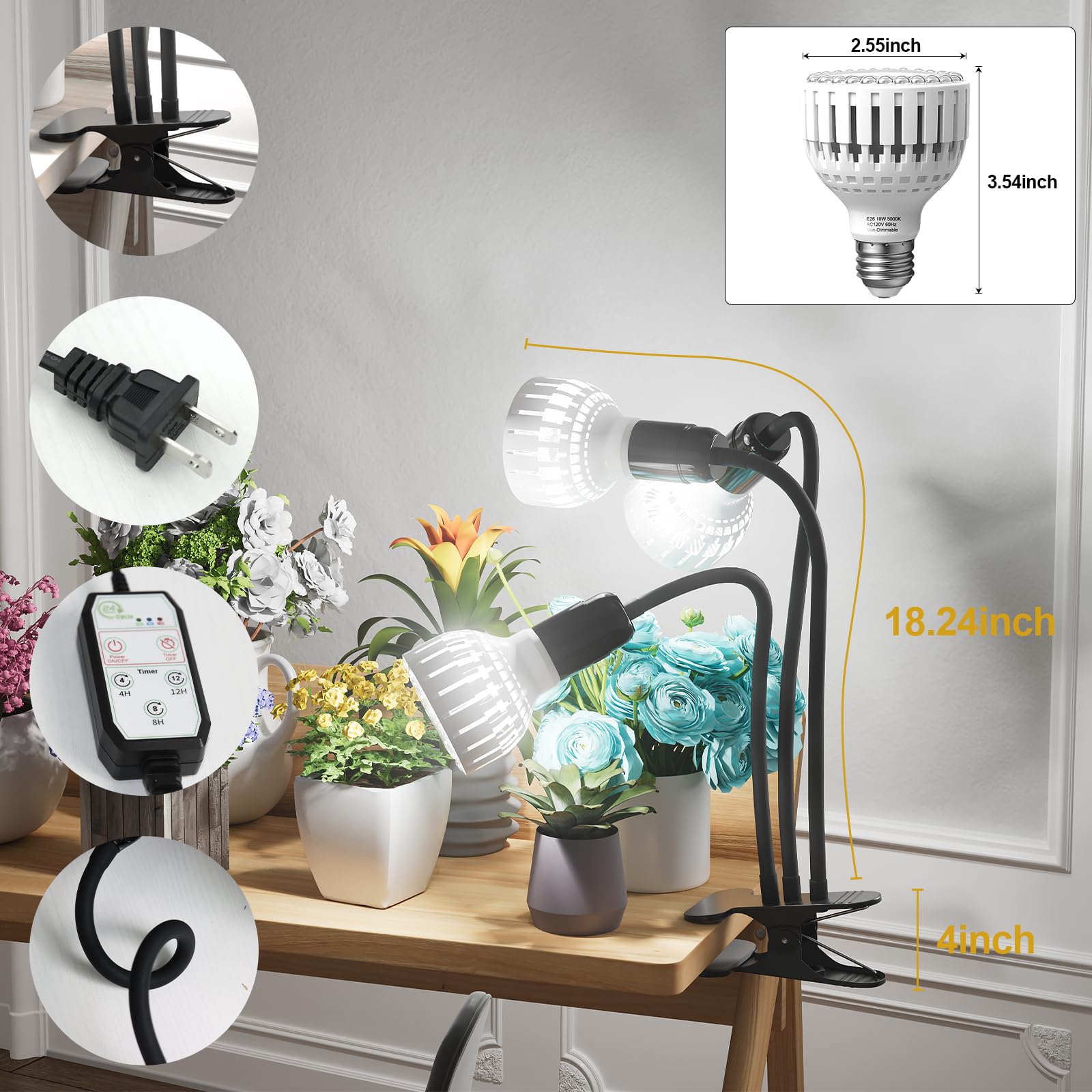 Grow Light,24W (160Watts Equiv) 5000K White Full Spectrum LED Growing Lamp Clip on Desk for Indoor Plants,Bulbs Replaceable & Non-dimmable (Black, 80Watts)