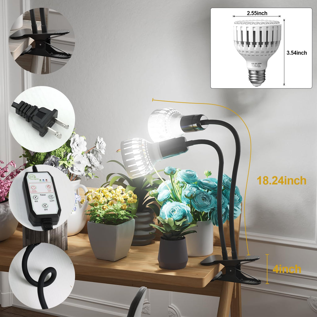 Grow Light,24W (160Watts Equiv) 5000K White Full Spectrum LED Growing Lamp Clip on Desk for Indoor Plants,Bulbs Replaceable & Non-dimmable (Black, 80Watts)