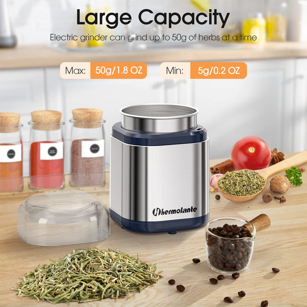 Hermolante Herb Grinder Spice Grinder, 200 w Herb Grinder with Stainless Steel Blade and Cleaning Brush, Compact Size Electric Grinder for Herbs and Spices -5.11in (Black)