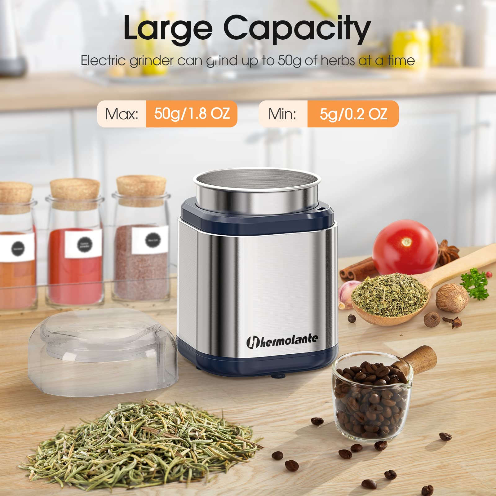Hermolante Herb Grinder Spice Grinder, 200 w Herb Grinder with Stainless Steel Blade and Cleaning Brush, Compact Size Electric Grinder for Herbs and Spices -5.11in (Black)