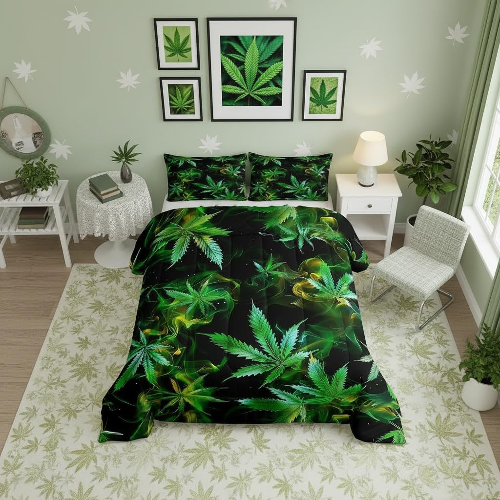 Cannabis Leaf Comforter Set Queen Size 3 Pcs,Marijuana Leaf Weed Psychedelic Bedding Set,Neon Green Leaves Botanical Trippy Quilt Set for Young Adults,2 Pillowcases