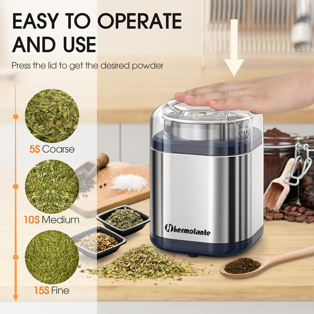 Hermolante Herb Grinder Spice Grinder, 200 w Herb Grinder with Stainless Steel Blade and Cleaning Brush, Compact Size Electric Grinder for Herbs and Spices -5.11in (Black)