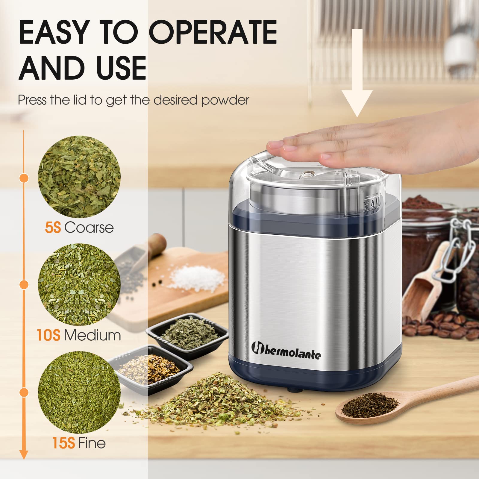 Hermolante Herb Grinder Spice Grinder, 200 w Herb Grinder with Stainless Steel Blade and Cleaning Brush, Compact Size Electric Grinder for Herbs and Spices -5.11in (Black)