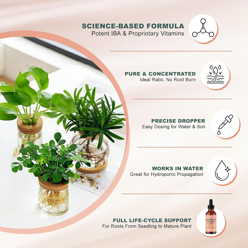 Root Drops - Liquid Rooting Hormone for Cuttings- Fast Growth Propagation Drops | Less Shock in Water/Soil/LECA/Moss | Fits Pothos, Monstera, Philodendron & All Houseplants (4 oz) (1)