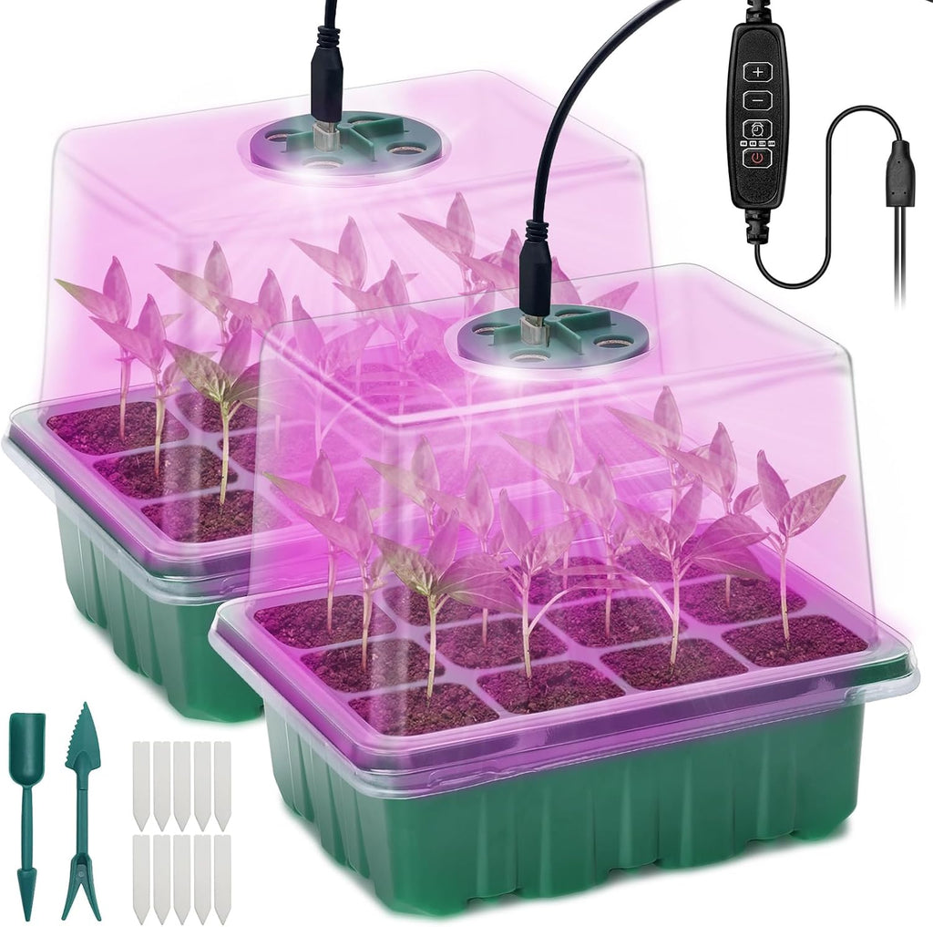Seed Starter Tray,Plant Propagation Station with Grow Light,2 Pcs | Seedling Starter Kit with Timing Controller,Mini Greenhouse with Humidity Domes and Base,Plant Tray for Seed Growing Starting