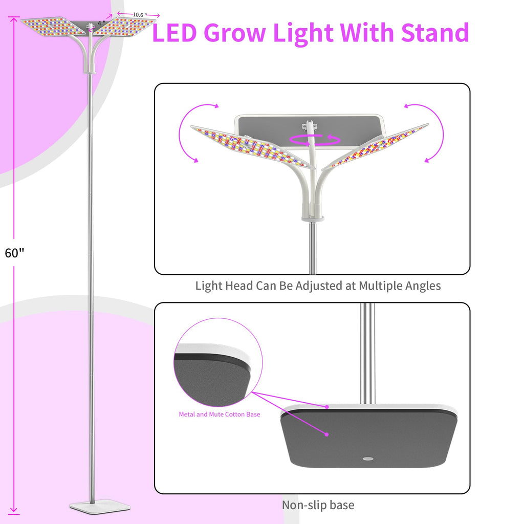 KINGPLUS Grow Lights with Stand, Full Spectrum Growing Light for Indoor Plants, 120 LEDs, 4 Dimmable Levels, Timer 4/8/12h, 12-60inches Height Adjustable,18w, Ideal for Desk Small Plants | 120 LEDs Full Spectrum Plants Growing Light, 12-60" Height Adjusta