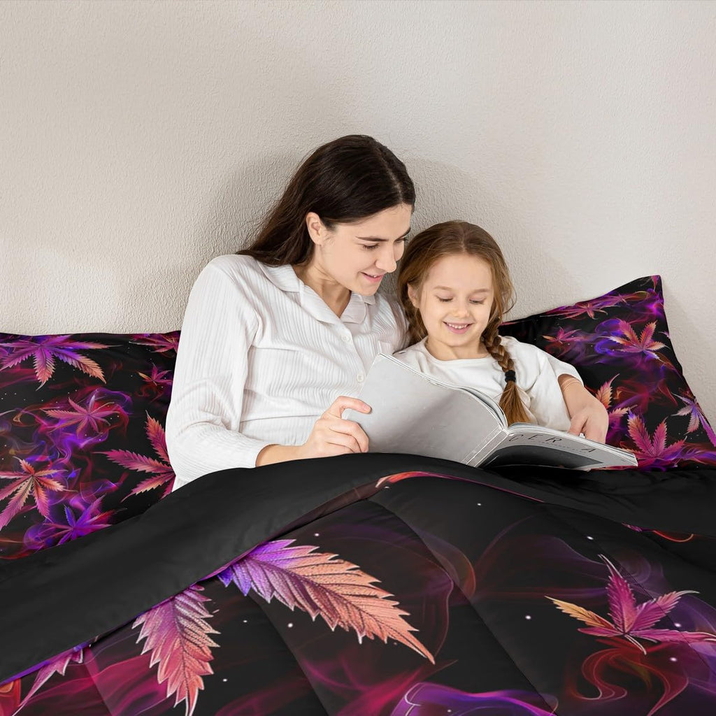 Cannabis Leaf Comforter Set Queen Size 3 Pcs,Marijuana Leaf Weed Psychedelic Bedding Set,Neon Green Leaves Botanical Trippy Quilt Set for Young Adults,2 Pillowcases