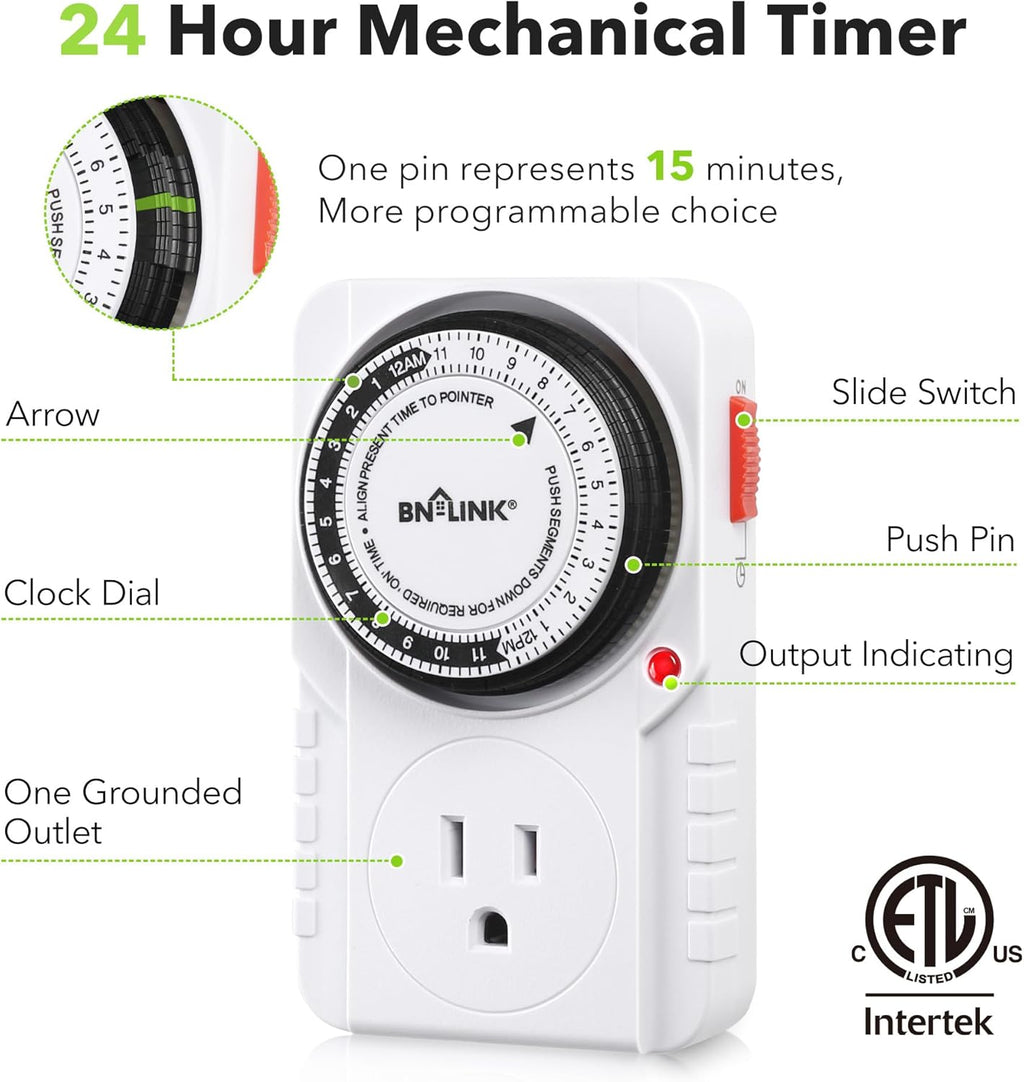 BN-LINK 24-Hour Heavy Duty Mechanical Timer Outlet,Indicator Light, 3-Prong | 15-min intervals; Indoor Plug-in Timer for Christmas Decoration, Aquarium, Grow Light, Home Appliances, ETL,1875W/15A,1-Pack