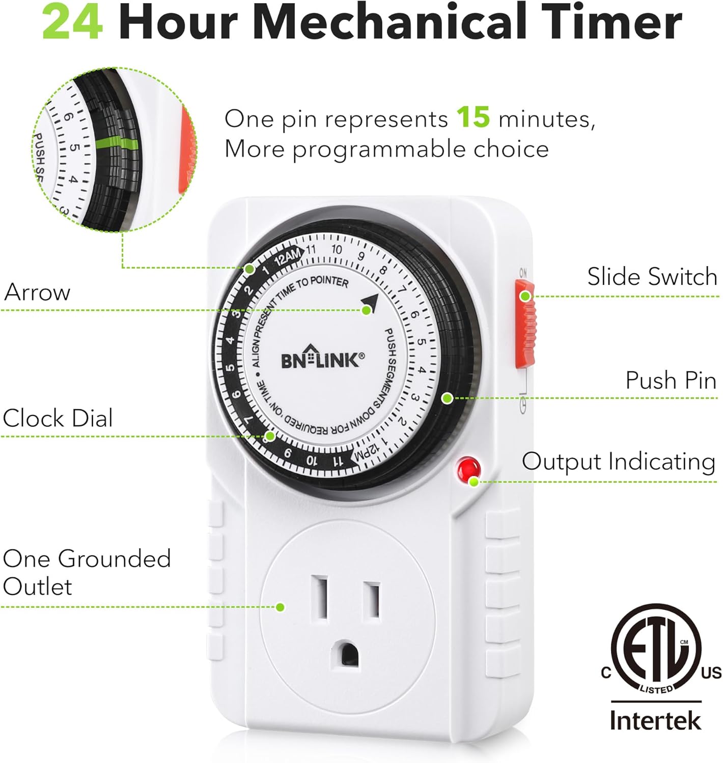 BN-LINK 24-Hour Heavy Duty Mechanical Timer Outlet,Indicator Light, 3-Prong | 15-min intervals; Indoor Plug-in Timer for Christmas Decoration, Aquarium, Grow Light, Home Appliances, ETL,1875W/15A,1-Pack